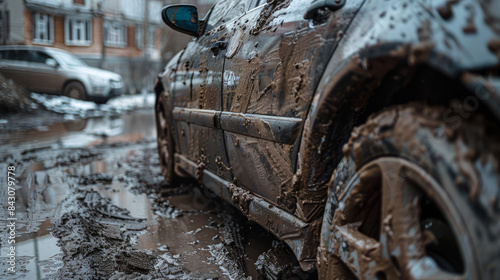 Car covered in mud and soap suds ready for a thorough cleaning.