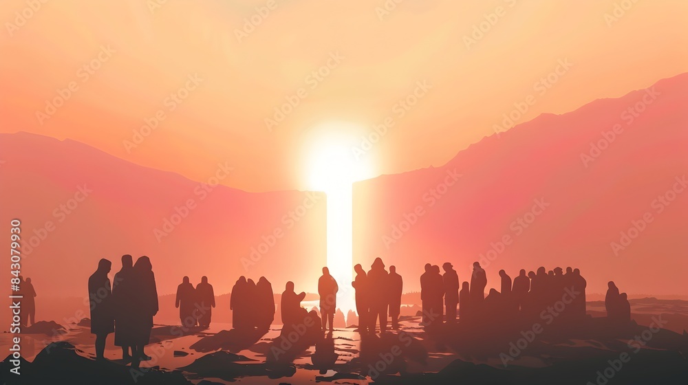 Obraz premium Ethereal Funeral Scene with Mourners in Minimalist Art