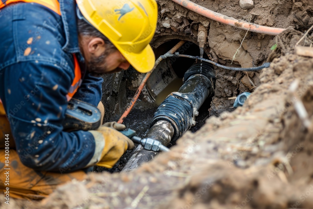 Plumber Using Specialized Equipment to Address Clogged Main Sewer Line for Efficient Repairs Plumber Using Specialized Equipment to Address Clogged Main Sewer Line for Efficient Repairs