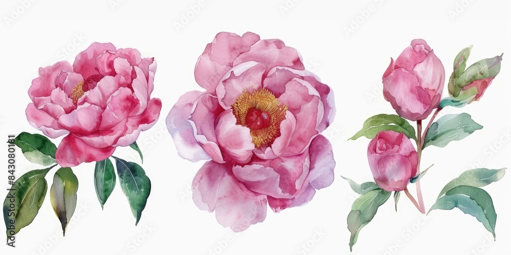 Water Color Peonies. Botanical Illustration of Pink Roses, Peonies, and Bouquet