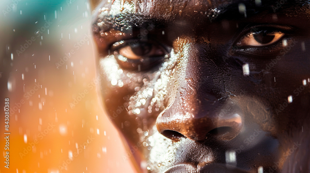 Close-up of a runner's face, showing determination and sweat during a race Close-up of a runner's face, showing determination and sweat during a race