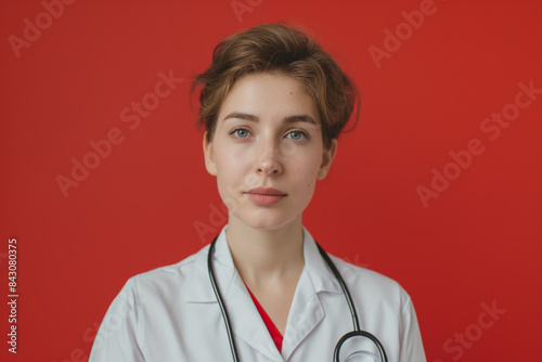 Portrait of a confident female doctor in a white coat and stethoscope around her neck against a red background