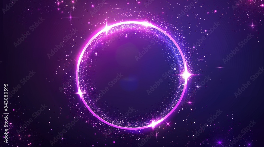 Christmas Circle Frame. Modern Neon Light Round Frame with Sparkling Stars on Abstract Background Christmas Circle Frame. Modern Neon Light Round Frame with Sparkling Stars on Abstract Background
