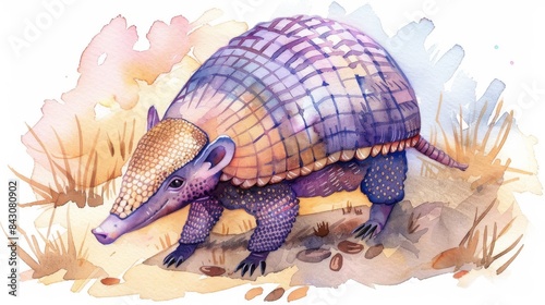 A watercolor painting of a three-banded armadillo walking in the desert. photo