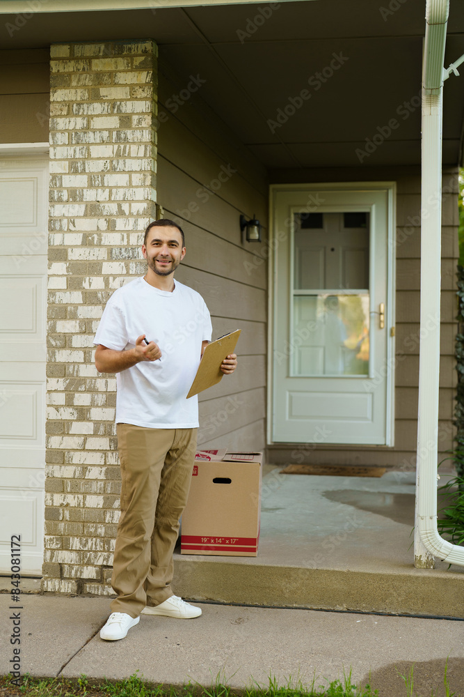 Home delivery service, mail, people and shipment concept. Young man with parcel box Home delivery service, mail, people and shipment concept. Young man with parcel box
