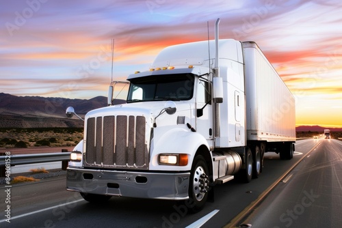 Trucking Truck Driver. White Cargo Truck on the Highway at Sunrise