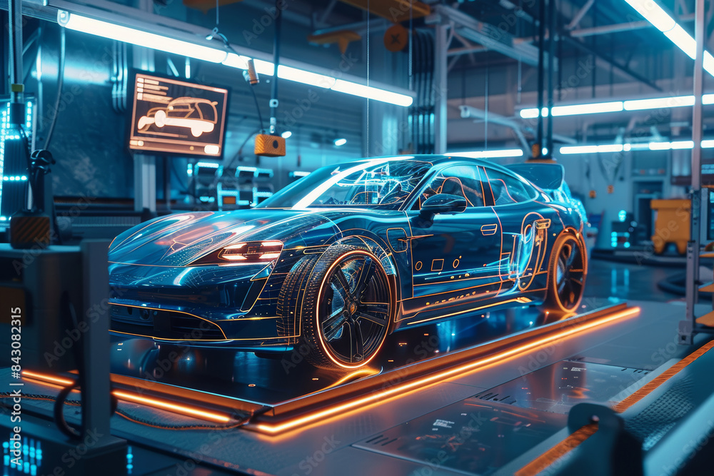 Electric Car Receiving Software Updates at a High-Tech Service Center for Advanced Vehicle Maintenance Electric Car Receiving Software Updates at a High-Tech Service Center for Advanced Vehicle Maintenance