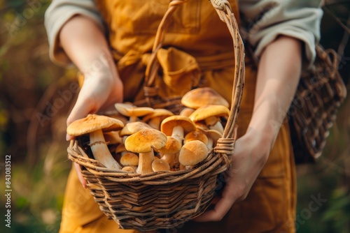 Health Conscious Person Holding Basket of Freshly Picked Medicinal Mushrooms in Natural Setting