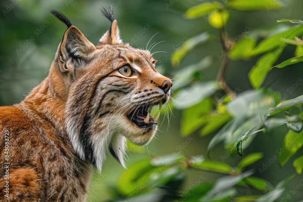 Fototapeta premium Mouth Side. Alert European Lynx in Germany, Looking Away with Open Mouth