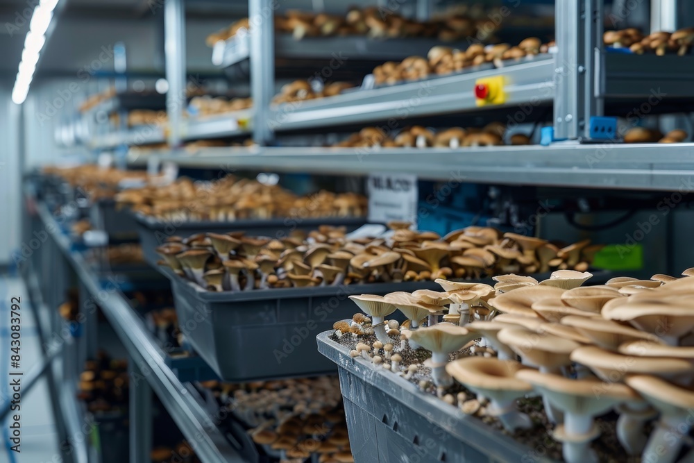 Advanced Mushroom Cultivation Setup in High-Tech Farm with Automated Systems for Optimal Growth Advanced Mushroom Cultivation Setup in High-Tech Farm with Automated Systems for Optimal Growth