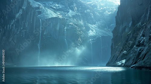 Sunlight filters through narrow gaps in the mountains illuminating the tranquil waters of a deep glaciercarved fjord. photo