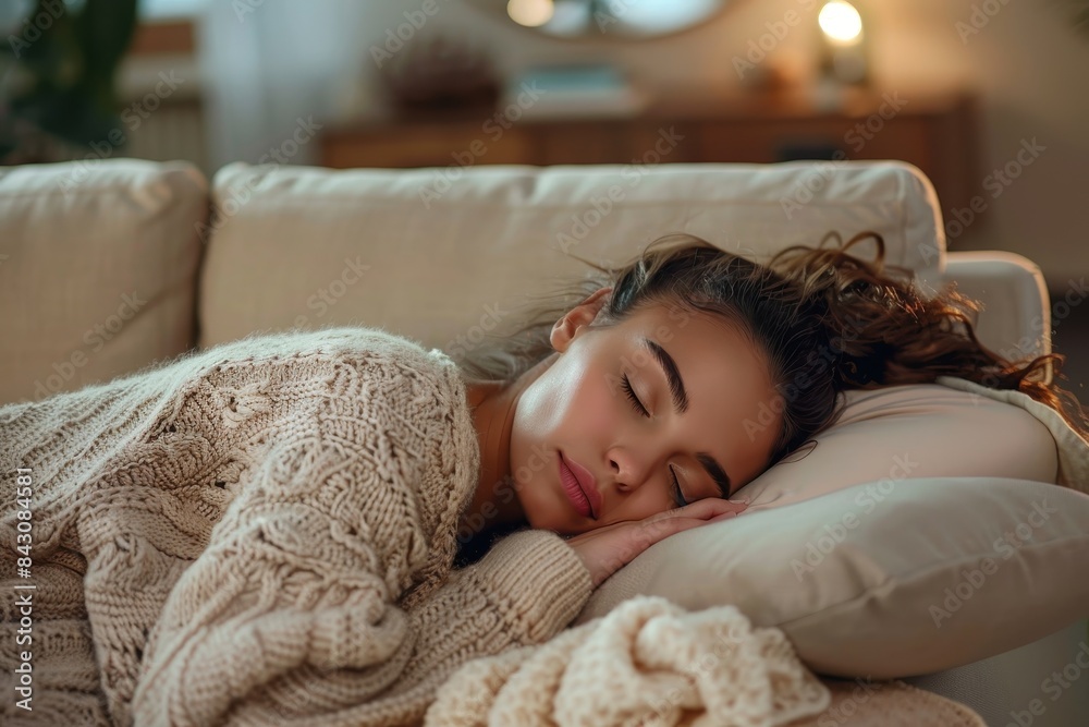 The image depicts a person asleep on a couch at home, covered with a thick, hand-knitted blanket, suggesting peace and relaxation