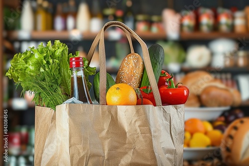 An eco-friendly reusable grocery bag packed with fresh food and a variety of groceries on a market background photo