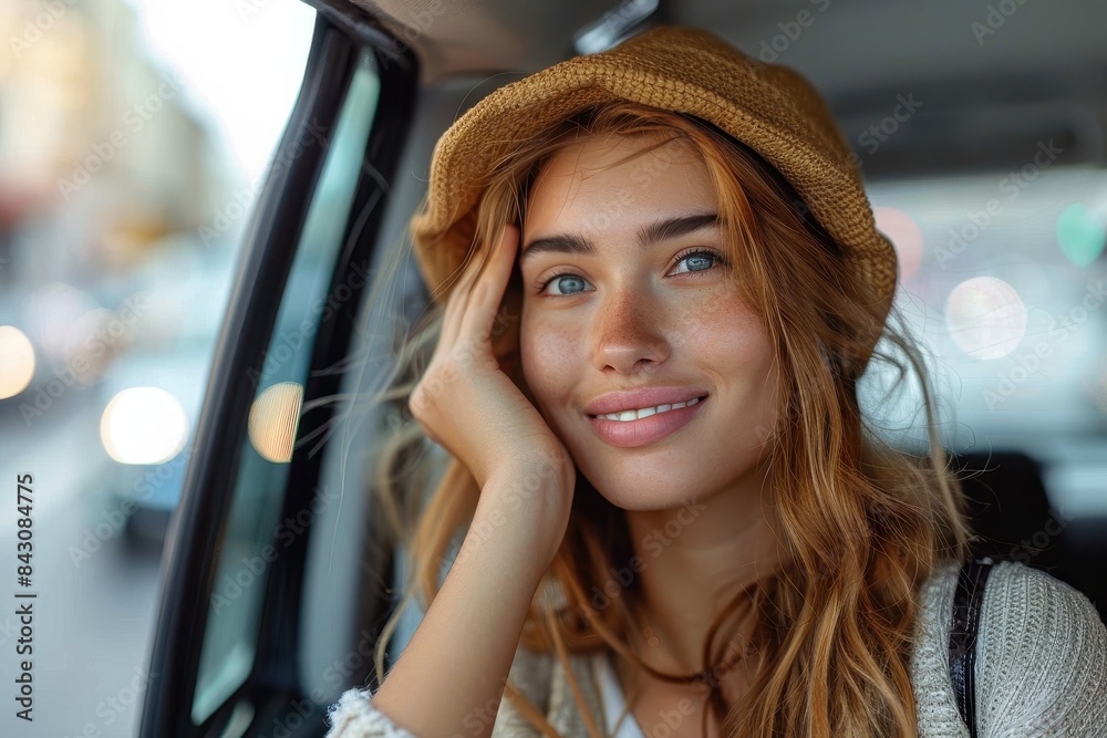 Cheerful woman with freckles wearing a brown hat smiles while seated in a car Cheerful woman with freckles wearing a brown hat smiles while seated in a car