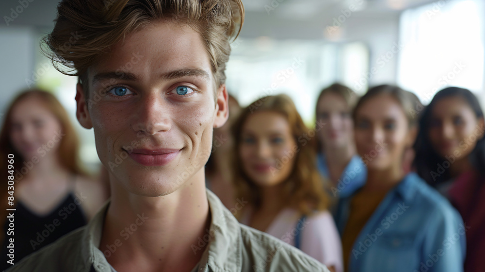 Portrait of a smiling young man with diverse people softly focused behind him Portrait of a smiling young man with diverse people softly focused behind him