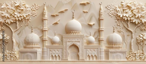 Beautiful mosque 3d relief wallpaper. Mural wallpaper. Wall art. AI generated illustration.
