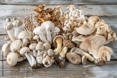 Rustic Display of Diverse Medicinal Mushrooms on Wooden Table for Nature Appreciation and Health photo