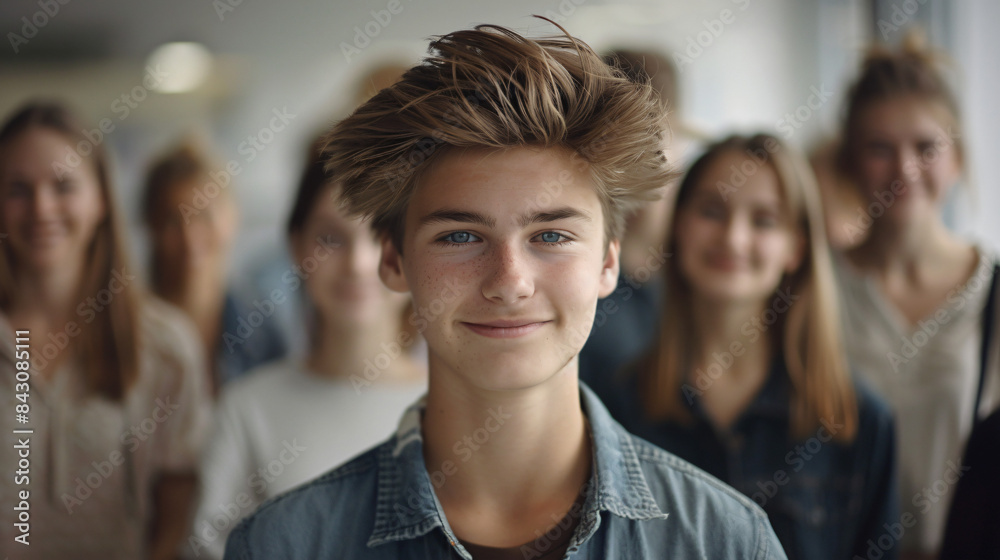 Happy teenage boy with stylish hair, standing in focus with his friends softly blurred behind him Happy teenage boy with stylish hair, standing in focus with his friends softly blurred behind him
