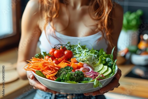 Female in casual clothes carrying a large bowl of colorful fresh salad with various vegetables