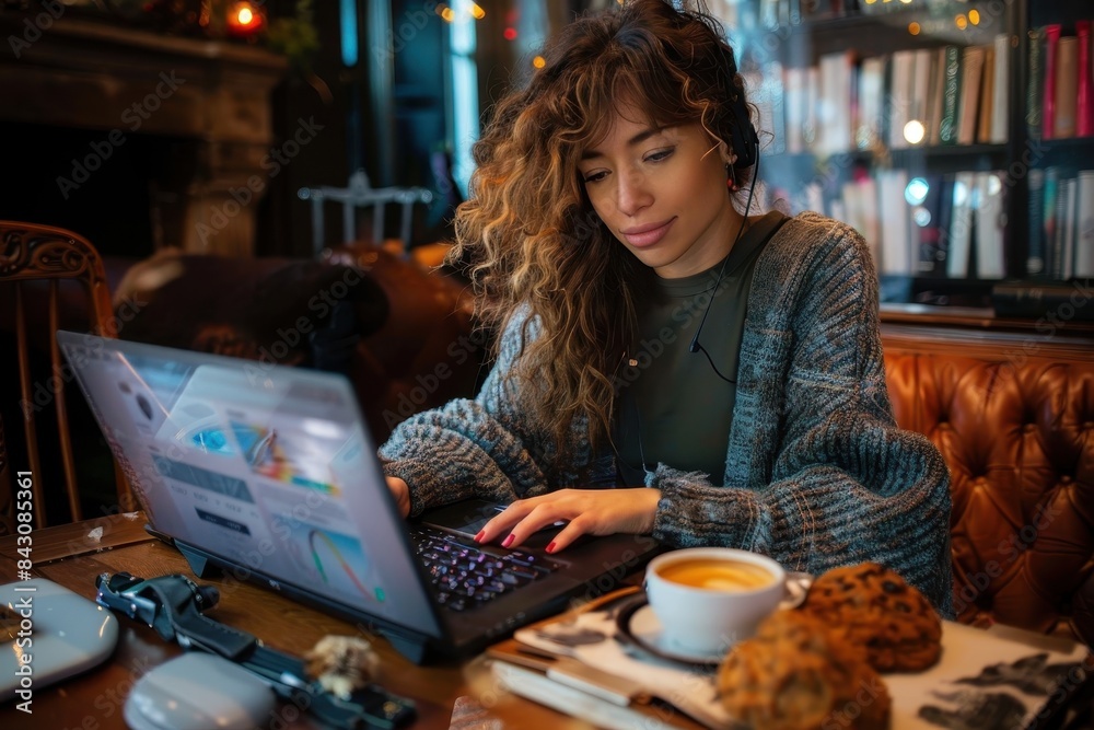 Remote worker in cozy attire focuses on laptop at a cafe table with cookies and coffee Remote worker in cozy attire focuses on laptop at a cafe table with cookies and coffee