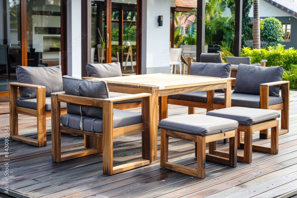 Outdoor Wood Furniture. Teak Chair and Table Set on Modern Terrace in Summer Garden Outdoor Wood Furniture. Teak Chair and Table Set on Modern Terrace in Summer Garden