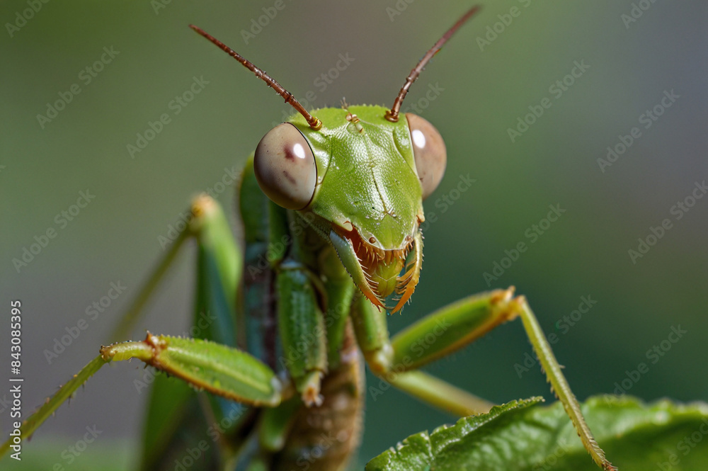 Fototapeta premium Macro Photograph of a Praying Mantis or Grasshopper on a Leaf