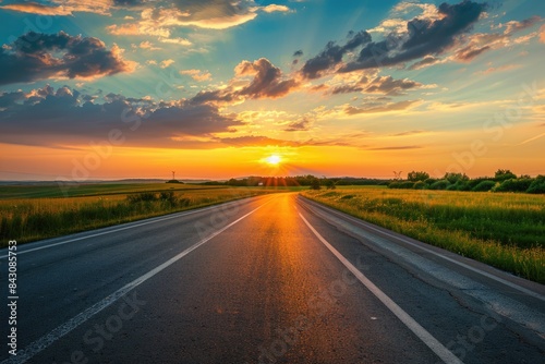 Asphalt Sunset. Empty Road and Sunset Sky Landscape in Summer © Web