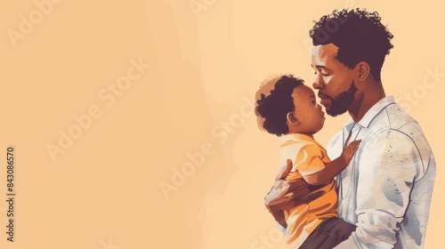 Illustration Of A Father Hugging And Caressing His Son, Father's Day Wallpaper With Copy Space
