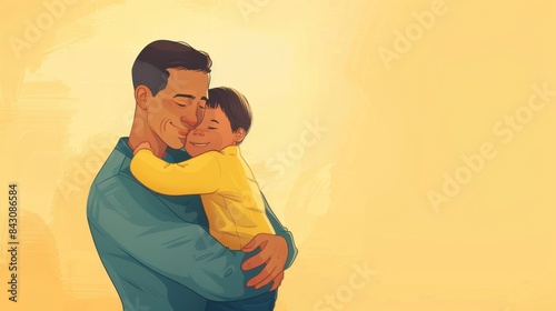 Illustration Of A Father Hugging And Caressing His Son, Father's Day Wallpaper With Copy Space