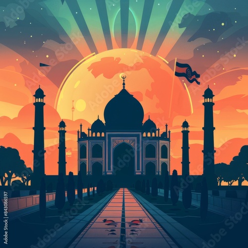 Taj Mahal postcard, banner or logo in Indian style