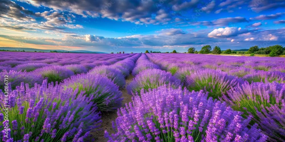 Obraz premium Breathtaking Lavender Field in Full Bloom A Stunning Display of Purple Flowers Background under a Clear Blue Sky