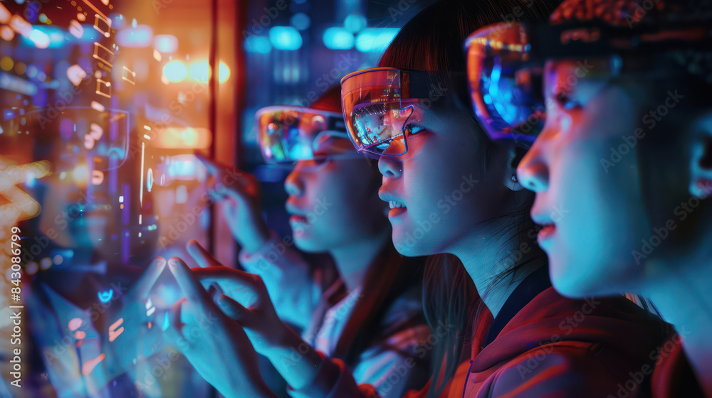 Chinese family interacting with smart AI-powered device smart home interactive VR Chinese family interacting with smart AI-powered device smart home interactive VR