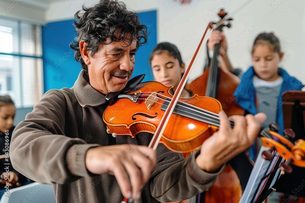 Skilled musician teaching a violin class to attentive children, showcasing the art of mentoring Skilled musician teaching a violin class to attentive children, showcasing the art of mentoring