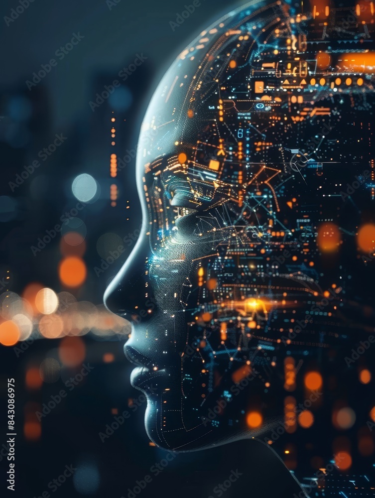 the head of a woman with glowing lines and technology the head of a woman with glowing lines and technology