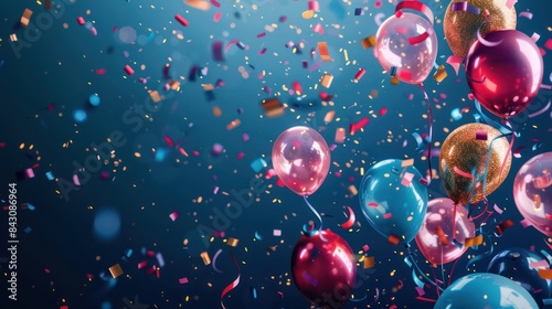 Festive background with balloons, serpentine and confetti with copy space