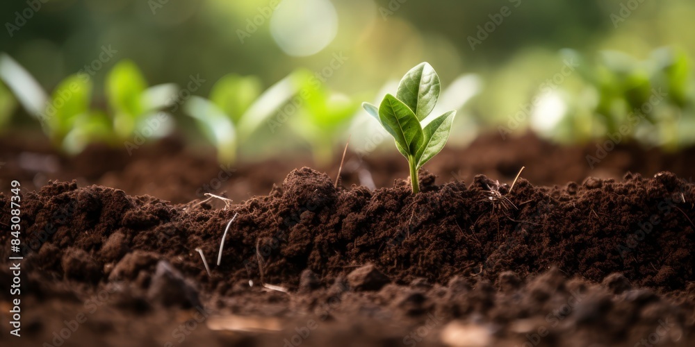 Fototapeta premium Close up of green sprout growing in soil. Nature background.