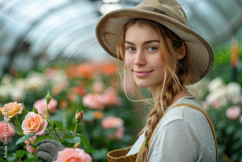 Young woman in a sunhat admires roses in a brightly lit greenhouse, cultivating serenity © Lens Legacy