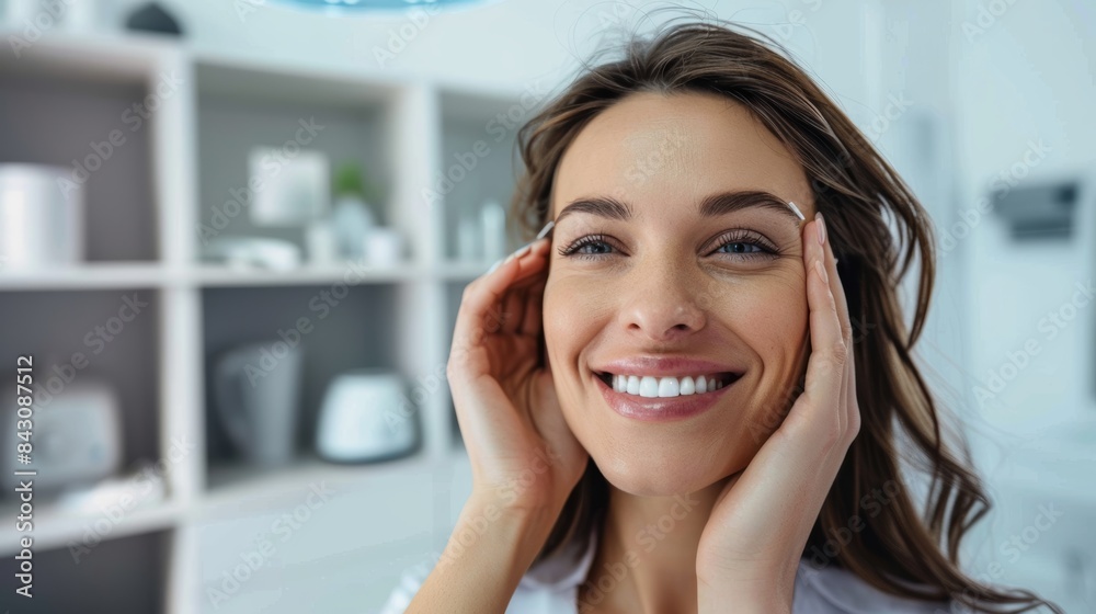 Joyful Woman with Smooth Forehead Post-Botox Injections in Modern Clinic Room Setting Joyful Woman with Smooth Forehead Post-Botox Injections in Modern Clinic Room Setting
