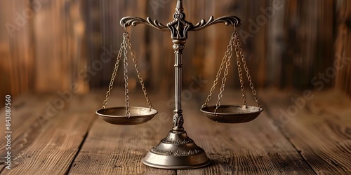 Symbolic scales of justice on dark wood background A representation of fairness and equality. Concept Fairness, Equality, Symbolism, Scales of Justice, Dark Wood Background