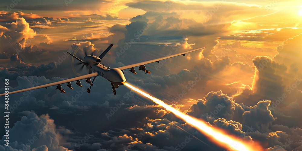 Naklejka premium Airplane-type strike drone launches a missile to destroy the enemy