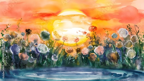 a watercolor painting of flowers in a field with the sun setting in the background