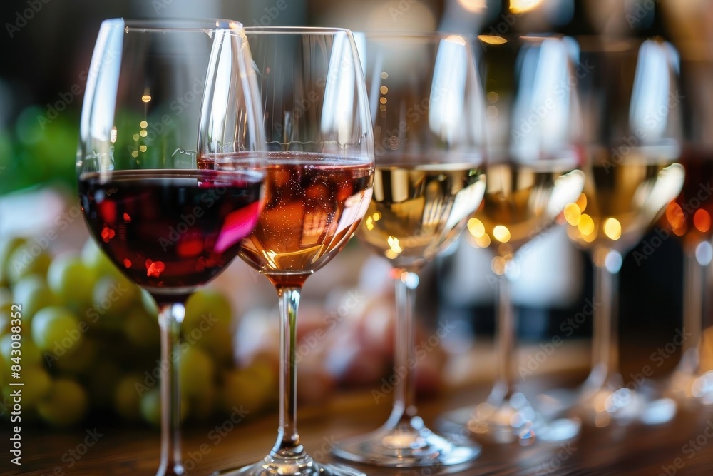 Close-up of wine glasses served with grapes, with a defocused backdrop of more glasses Close-up of wine glasses served with grapes, with a defocused backdrop of more glasses