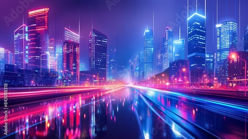 A modern city at night  illuminated by vibrant neon lights and holographic displays  showcasing advanced urban architecture and futuristic design elements.