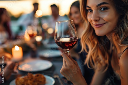 A woman is captured holding a glass of red wine with a smile  with a subtle dinner setting in the backdrop