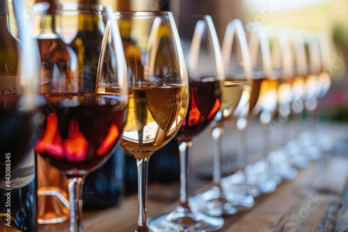 An inviting close-up of different wine glasses in a row reflecting a warm, golden light