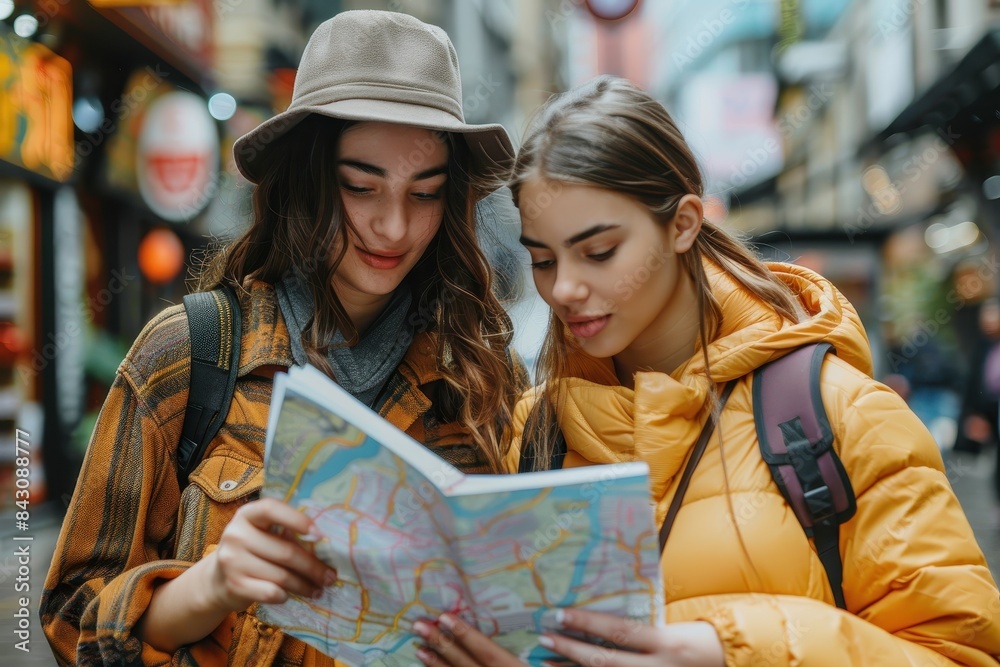Female travelers in stylish outfits examining a city map together on an urban street Female travelers in stylish outfits examining a city map together on an urban street