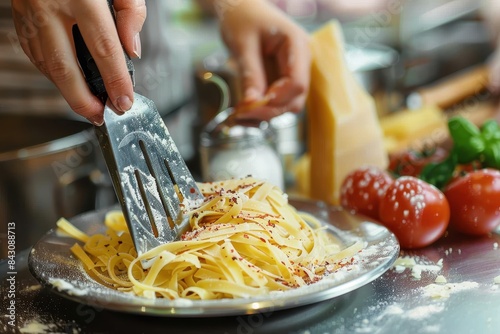 In a blurred kitchen background, hands of a chef are seen grating cheese over a plate of fettuccine pasta using a metal grater photo