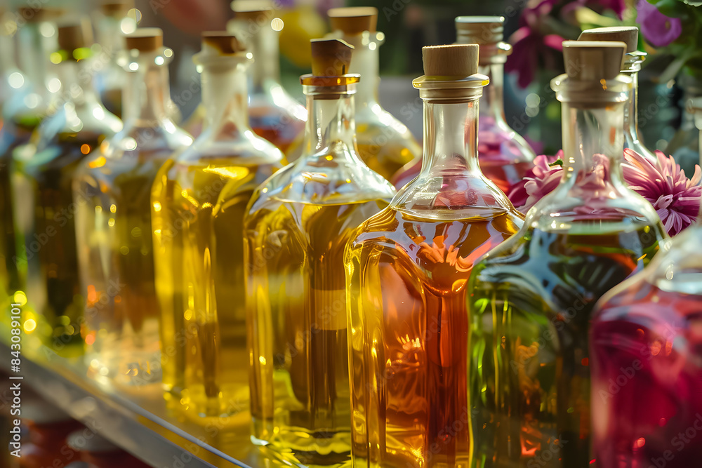 Row of vibrant, translucent bottles filled with colorful liquids, illuminated by natural light, creating a warm, inviting atmosphere. Row of vibrant, translucent bottles filled with colorful liquids, illuminated by natural light, creating a warm, inviting atmosphere.