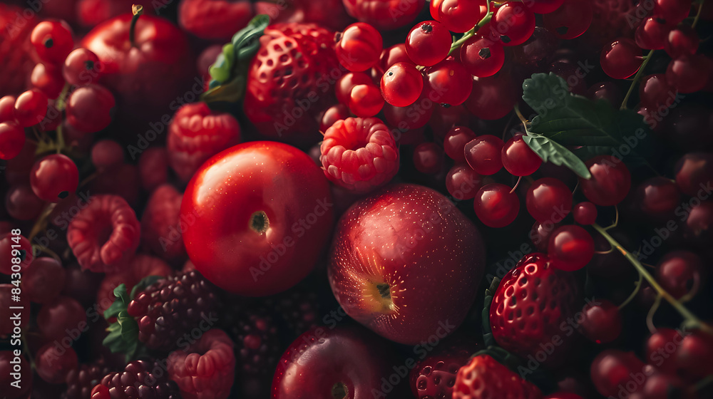 Φωτογραφία A sumptuous assortment of red berries and apples, beautifully illuminated, showcasing their freshness and vibrant colors