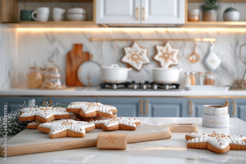 Festive gingerbread cookies with white icing presented on a kitchen counter amongst holiday decorations Festive gingerbread cookies with white icing presented on a kitchen counter amongst holiday decorations